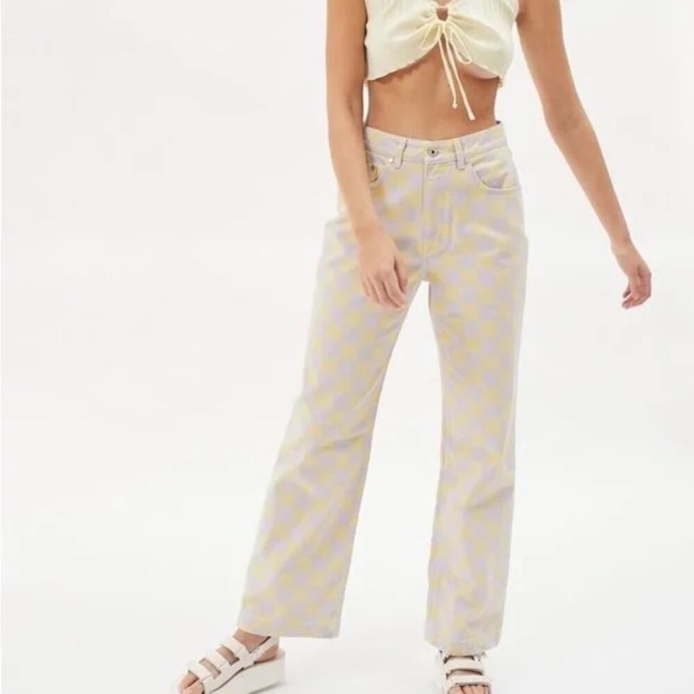 Ragged Priest Yellow & Purple Checkerboard Wide Leg Jeans Sz 24 Urban Outfitters